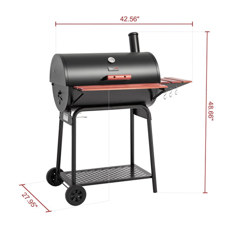 30 Barrel Charcoal Grill With Wood Painted Side Front Table And 627 Sq In Cooking Space For Backyard BBQs, Outdoor Parties, And Patio Grilling, Black