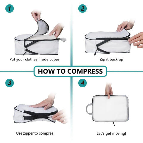 Step-by-step guide to using Compression Packing Cubes 5 Piece Set Travel Organizer Boxes With Zippers For Women And Men