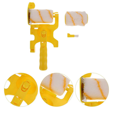 Yellow Corner Paint Roller Brush For Drywall And Door Frames Interior Walls, featuring removable foam pad and sturdy grip handle.