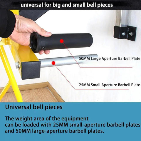 Hand holding part of Shoulder Trainer Wall Mounted Arm Raise Equipment For Home Gym Lateral Lifting Machine with barbell plate sizes.