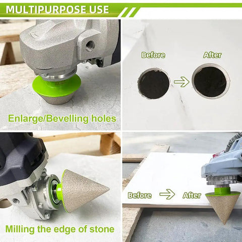 Image showing Diamond Core Drill Bits Set For Porcelain Ceramic Tile Granite Marble Pro Grade 20mm 25mm 35mm 50mm in use for beveling and enlarging holes.