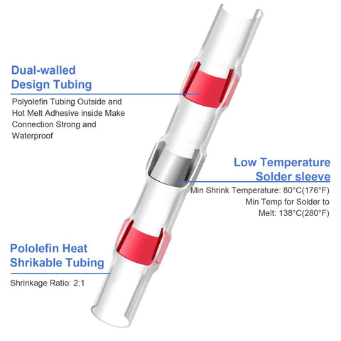 Heavy Duty Solder Seal Wire Connectors Heat Shrink Butt Sleeve showing dual-walled tubing and solder sleeve features.