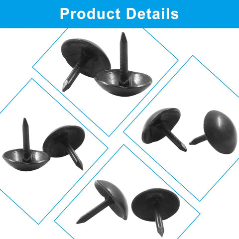 Heavy Duty Matte Black Upholstery Tacks In Two Hundred Pack Featuring Smooth Nine Millimeter Caps, showing tacks with 9mm diameter and iron material.