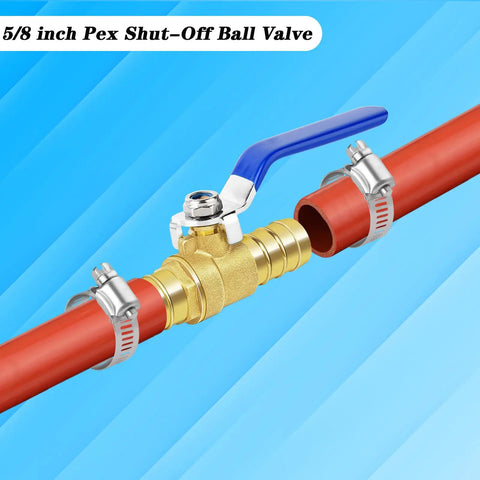 Hose Barb Ball Valve Kit Five Eighths Inch Shut Off Valve with Stainless Steel Clamps installed on red piping