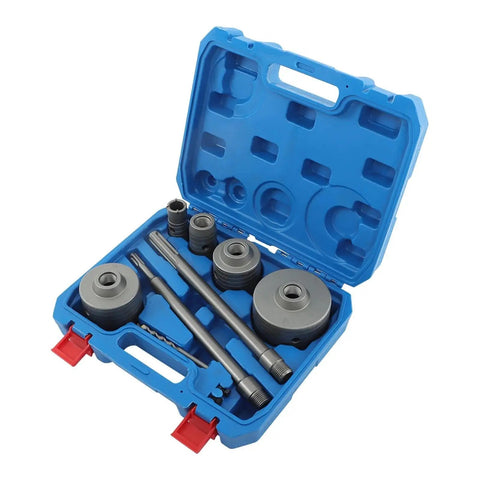 Top Tier 9 Piece Concrete Hole Saw Kit With Masonry Drill Bits For 30, 40, 65, 80 And 100 MM Holes Drilling Perfectly Through Brick Cement And Wall Surfaces Like A Boss blue case open with 9-piece hole saw set