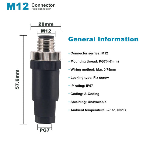 M12 5 Pin Male And Female Panel Mount Circular Aviation Connector 12mm Industrial Waterproof IP67 Outdoor Cable Joint Straight A Code Screw On Unshielded Housing For Rugged Outdoor Use images with dimensions and specifications