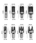 8 Pack Plug Cutter Drill Bit Set With Straight And Tapered Cutters For DIY Woodworking Projects Four Sizes Hex Shank Black Finish