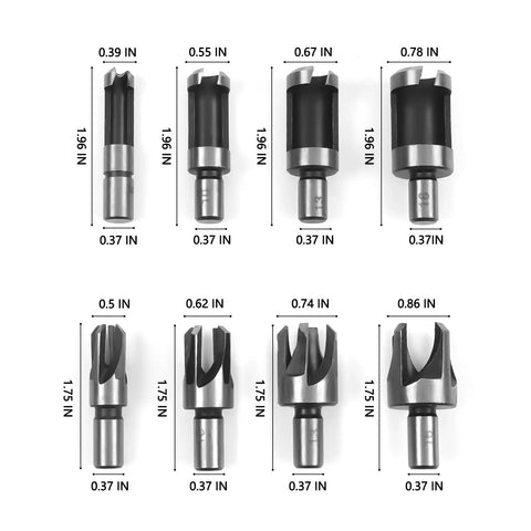 8 Pack Plug Cutter Drill Bit Set With Straight And Tapered Cutters For DIY Woodworking Projects Four Sizes Hex Shank Black Finish