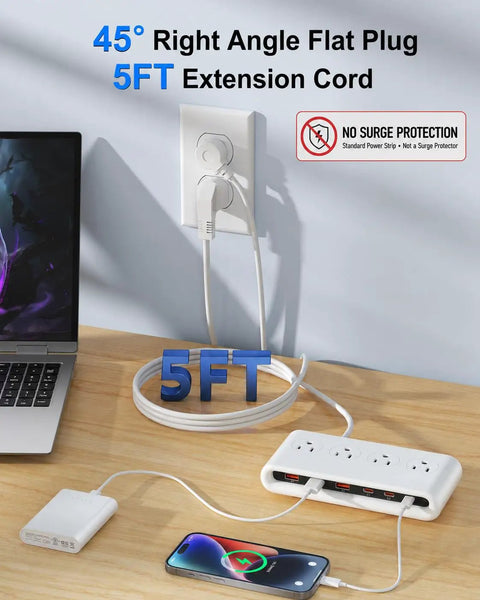 Smooth Ace Power Strip With Five Foot Flat Extension Cord Featuring Eight Versatile Ports Including Four Wall Outlets And Multiple Usb Fast Charging Hubs For Mobile Tech Rig And Travel Setup with right angle plug and USB ports.