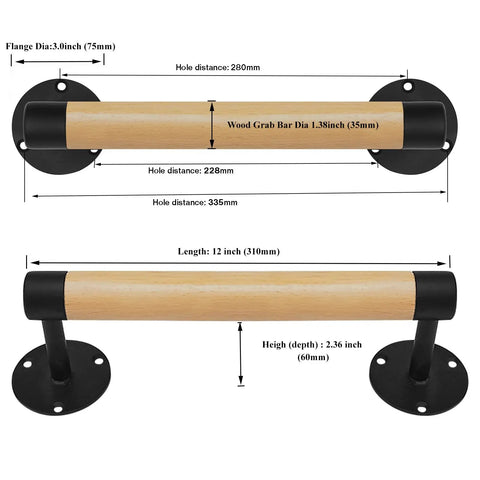 Wall Mount Premium Wooden Handrail For Indoor Stairs Built Tough With Heavy Duty Steel Brackets And Smooth Beech Wood Grip 12 inch with black mounts.