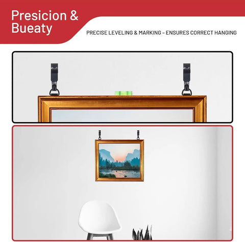 Complete 303 Piece Picture Hanging Hardware Kit With Heavy Duty Wall Hooks Drywall Anchors And Screw Assortment For Rock Solid Gallery Displays No Sweat Installation showing framed art being leveled.