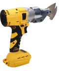 Jiawu Cordless Electric Metal Shears With 360 Degree Rotating Head, yellow handheld design, battery-powered metal cutter for roofing.