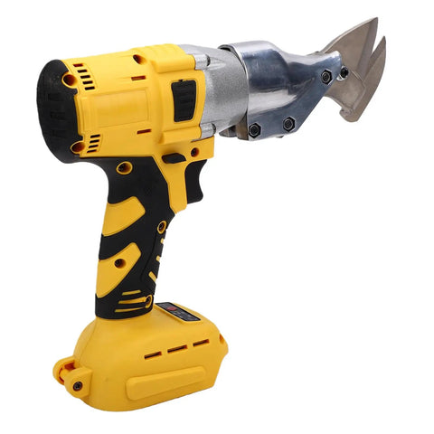 Top Shelf Cordless Metal Shears With Brushless Motor, 400Nm Torque Battery Powered Electric Sheet Metal Cutter, 360 Rotating Head on yellow handle.