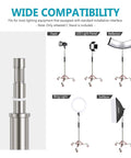 Wide compatibility of heavy duty light stand with casters 360 degree mobile tripod base stainless steel construction for studio use.
