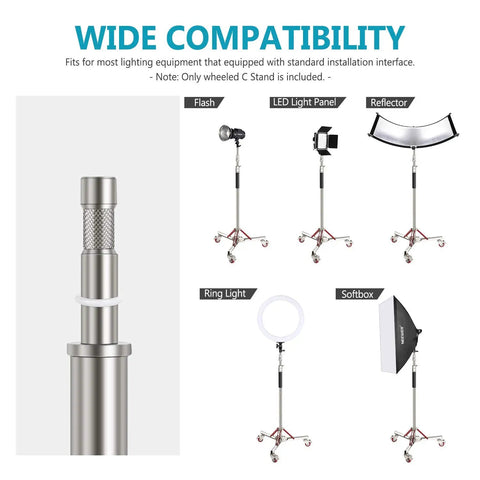 Wide compatibility of heavy duty light stand with casters 360 degree mobile tripod base stainless steel construction for studio use.