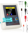 Ultimate LCR Meter And ESR Tester With Full Color TFT Display, showing multi-function transistor test, accessories included