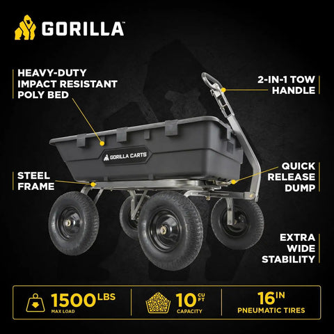 Heavy-Duty Poly Yard Dump Cart With 10 Cu Ft Tub And 1500 Lb Haul Capacity, Towable All-Terrain Wagon With Quick-Release Dumping And Pneumatic Tires For Landscaping And Gardening