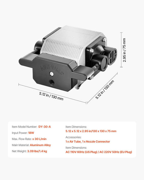 VEVOR air assist pump kit for laser cutters/engravers, aluminum alloy body, black and silver, 30 L/min