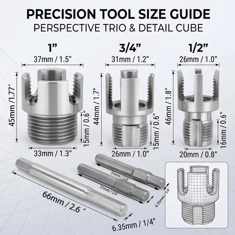 Heavy Duty 3 Pc Pipe Threader Kit For Cutting Internal External Threads On 1.2 And 1 Inch Pvc Pipes Compatible With Electric Drill Made From Durable Carbon Steel size guide with dimensions of pipe threader tools.