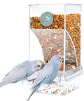 Total Game Changer For Pet Parents Seeking Spill Proof Auto Bird Feeder Cage Dish Made From Heavy Duty Clear Acrylic That Lets Cockatiels Parakeets Canaries And Conures Eat Fresh Seeds Anytime with two blue budgies feeding.