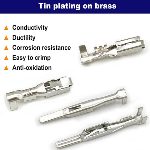 Tin-plated brass terminals for Weatherproof 2 Pin Automotive Electrical Connectors Kit with conductivity and corrosion resistance features.