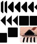 16 Piece Gripper Set for Rug Non Slip Rug Pads for Hardwood Floors in various shapes shown on a hardwood floor corner