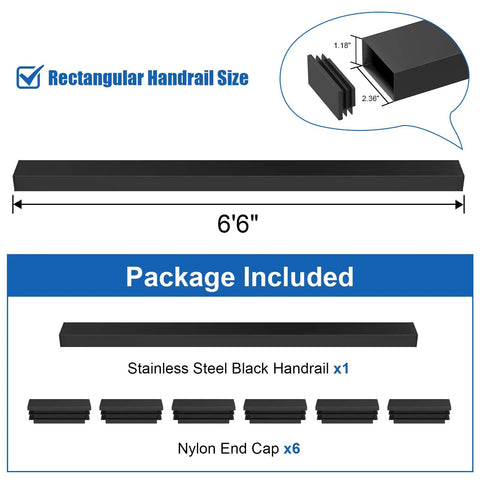 Beefy Stainless Steel Cable Railing Handrail 6 ft 6 in Black Rectangular Flat Top Rail With End Caps packaging and size diagram