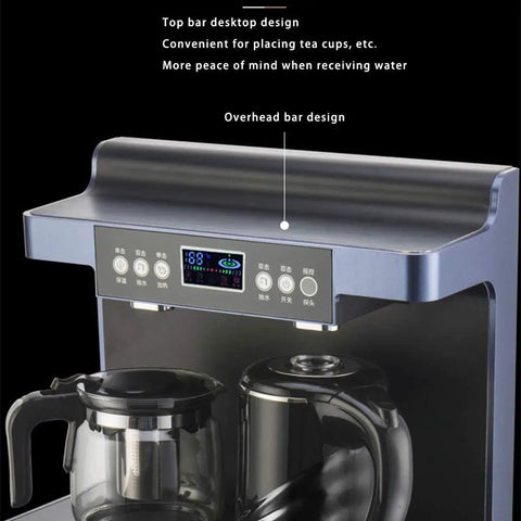 Close-up of button controls on a vertical hot and cold water dispenser with dual outlets and a desktop bar design.