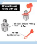 Six 304 stainless steel straight grease fittings, 1/8-28 in thread, with ten orange dust cover caps