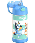 Kid Friendly Water Bottle With Straw, 12 Ounce Stainless Steel Vacuum Insulated Bottle in blue with cartoon design