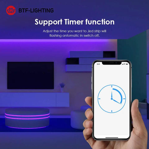 Person holding smartphone showing timer for 8 Channel Bluetooth LED Controller With Built In Mic And Aux Music SP608E in illuminated room