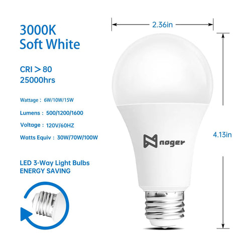 3 Way A19 LED Light Bulbs 4 Pack, 30 70 100W Equivalents, 5000K Daylight, E26 Base, Reading Light, energy saving bulb dimensions