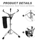 Close-up of Hardcore Adjustable Snare Drum Tripod Stand With Double Braced Alloy Frame and Drumstick Pouch details.