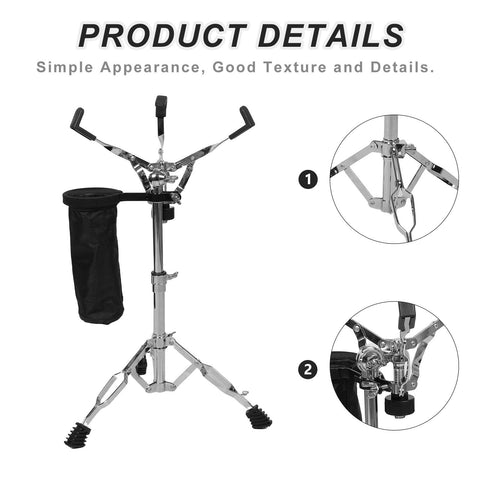 No Nonsense Height Adjustable Snare Drum Stand With Practice Pad Base, double-braced alloy tripod, includes drumstick holder.