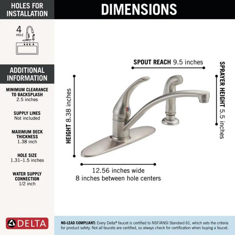 Dimensions of Chrome Kitchen Faucet With Side Sprayer For 8 Inch Center Four Hole Install Single Handle Contemporary Design Durable Build Leak Resistant Water Control Easy Install For Busy Kitchens