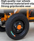 Heavy Duty Electric Platform Truck Cart That Is Portable And Foldable With Smooth Wheels for grocery moving, close-up of durable rear wheels.