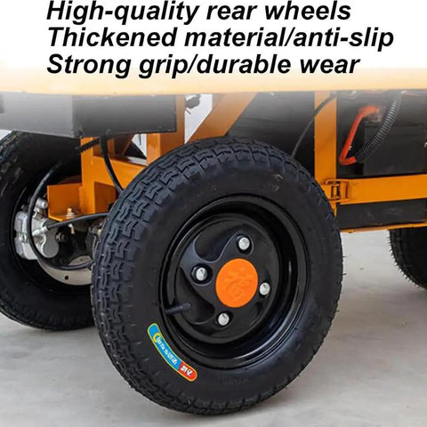 Heavy Duty Electric Platform Truck Cart That Is Portable And Foldable With Smooth Wheels for grocery moving, close-up of durable rear wheels.