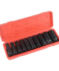 Rock Solid 10pc Deep Impact Socket Set For Cars And Gear Heads, Made From Top Tier Chrome Vanadium Steel Tough As Nails For Quick Repairs On Any Vehicle Or Heavy Duty Job At The Shop. red case with 10 black deep impact sockets