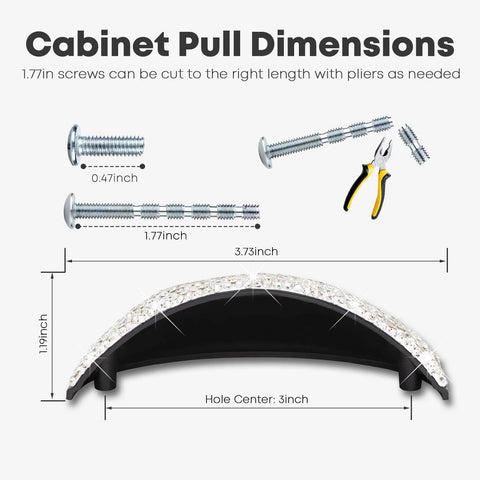 Dimensions of 2 Piece Bling Crystal Drawer Pulls Flat Cup Handles Zinc Alloy With Rhinestones for Cabinets, with included screws.