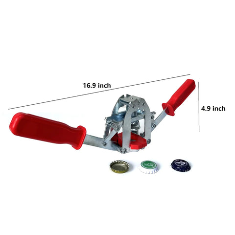 Manual Beer Bottle Capper Tool With 150 Count Caps 26mm Crown Cap Press For Home Brewing Durable Tempered Steel Corking Machine With Non Slip Handle Easy DIY Bottling For Craft Beers And Homebrewers showing red non-slip handles and included bottle caps