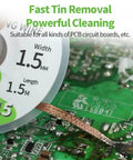 Desoldering Wick Braid Kit With Flux removing solder from PCB, showing spool and wick in action, 1.5mm width detail visible