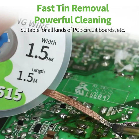 Desoldering Wick Braid Kit With Flux removing solder from PCB, showing spool and wick in action, 1.5mm width detail visible