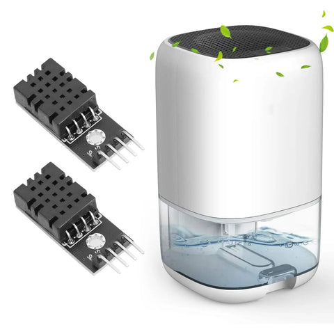 Three Pack DHT20 Digital Temperature Humidity Sensor With I2C Interface beside a white dehumidifier