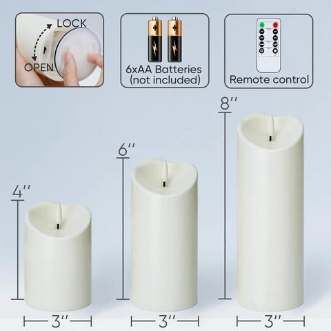 Remote Controlled Flameless LED Candles With Timer For Weddings And Parties, showing different sizes with remote and battery info.