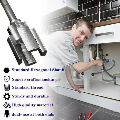 Hot Shot Electric Drill Compatible PVC Pipe Threader Kit with water pipe thread cutting tool being used by a plumber.