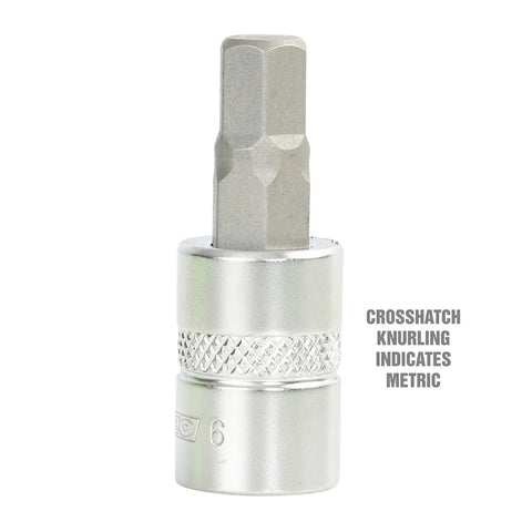 Close-up of metric hex socket from All In One Allen Socket Set 26 Piece For SAE And Metric Sizes, with crosshatch knurling detail.
