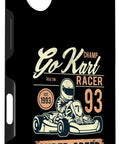 Phone case with go-kart racer graphic, showing a helmeted driver and text "Go Kart Champ Racer 93" in vintage style.