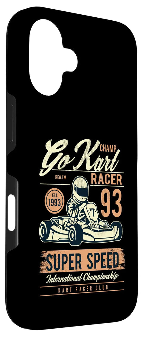 Phone case with go-kart racer graphic, showing a helmeted driver and text "Go Kart Champ Racer 93" in vintage style.