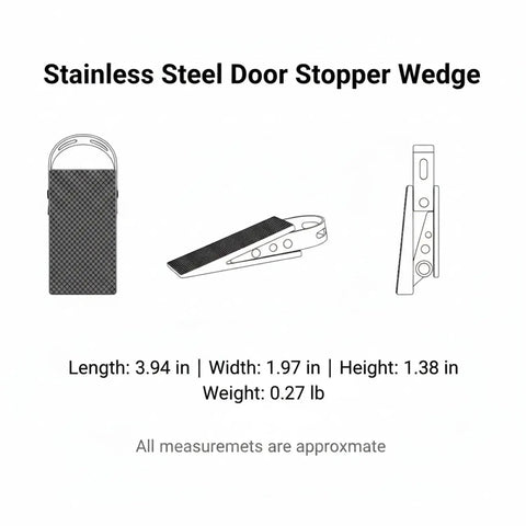 Diagram of Stainless Steel Door Stopper Wedge with Rubber Base for Heavy Duty Indoor Use, showing dimensions and design features.