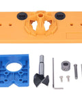 35mm hinge hole jig drill set for woodworking; front view shows orange base with blue insert, drill bit, screws, and hex key
